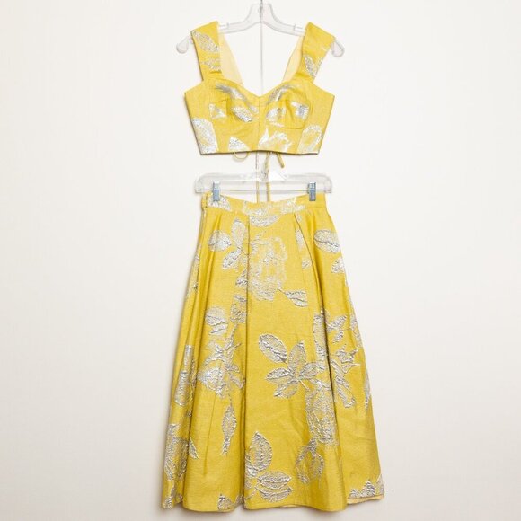 Mandi Line Jacquard Dress Lace Up Top Midi Skirt Set Embellished Yellow XS/S - Picture 2 of 15